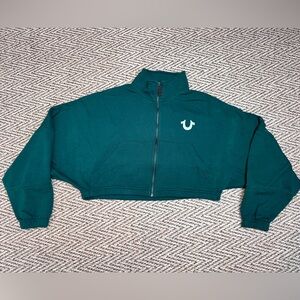 True Religion Teal Cropped Sweatshirt with Embroidered Logo - Size XS (A096)